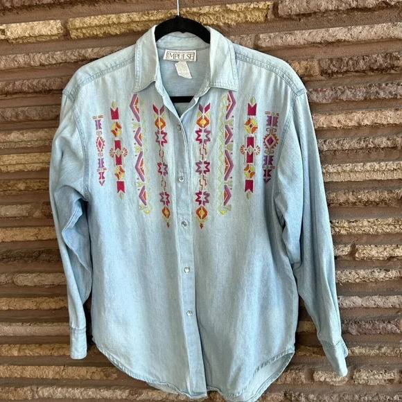 Vintage 90s Impulse Embroidered Denim Chambray Casual Boho Shirt Size Small - Picture 1 of 7